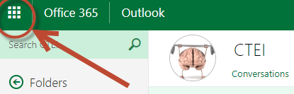 Arrow pointing to the nine dots used for visual navigation between Microsoft apps in the browser client